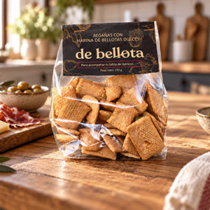 Bolsa de regañás de bellota sobre mesa rústica